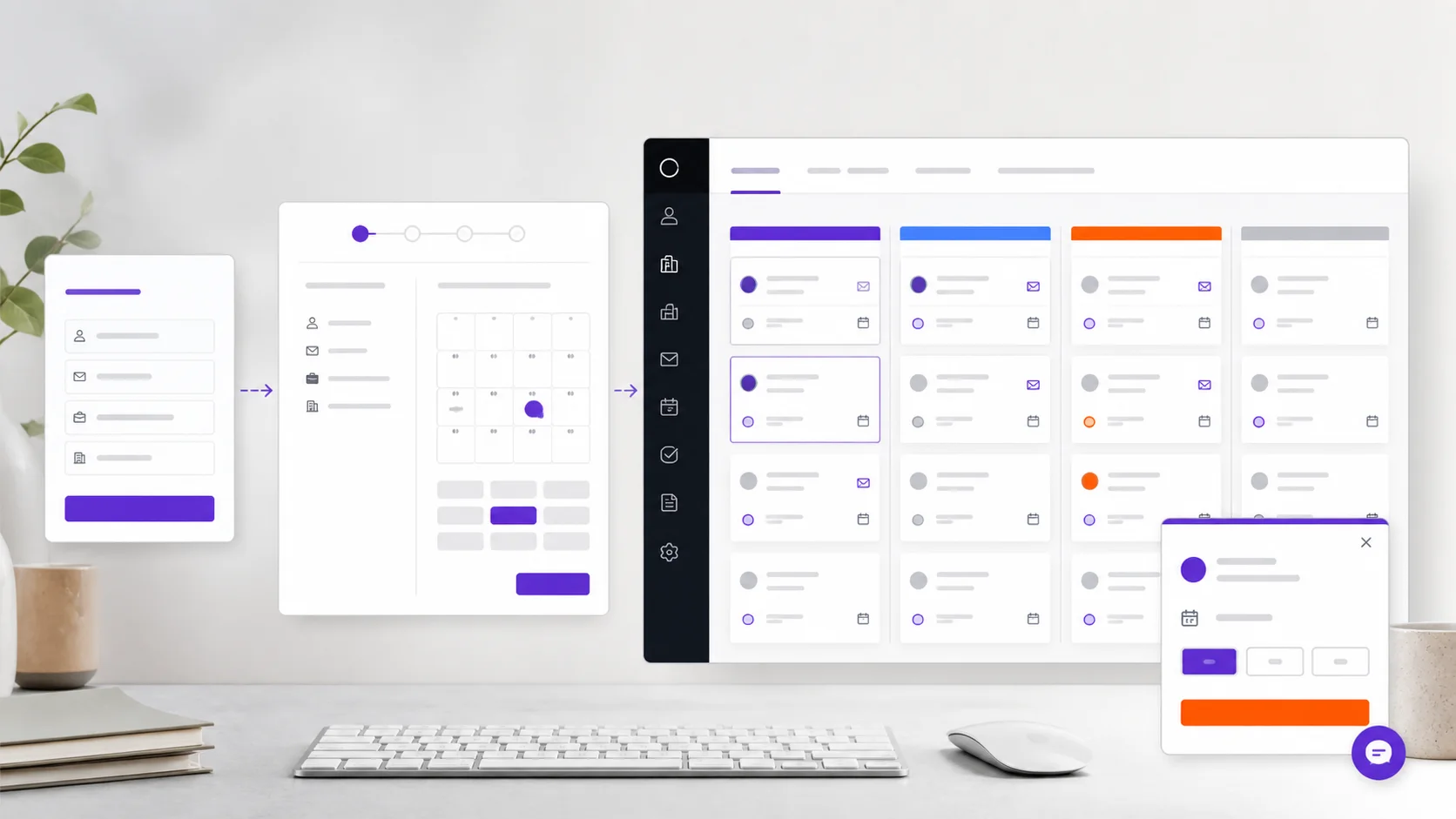A scheduling interface showing a lead form, calendar, sales pipeline, and floating booking widget